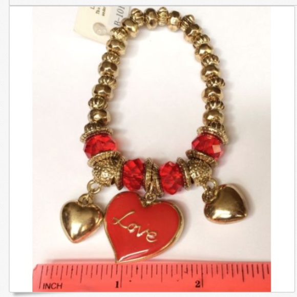 Gold Heart Charm Bracelet Red Enamel LOVE Chunky - Picture 7 of 8